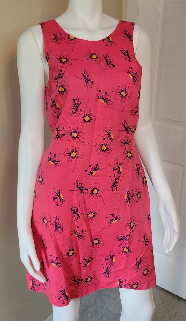 Gap Cotton Linen Blend Fully Lined Sleeveless Sun Dress Pink Navy Floral Size 6